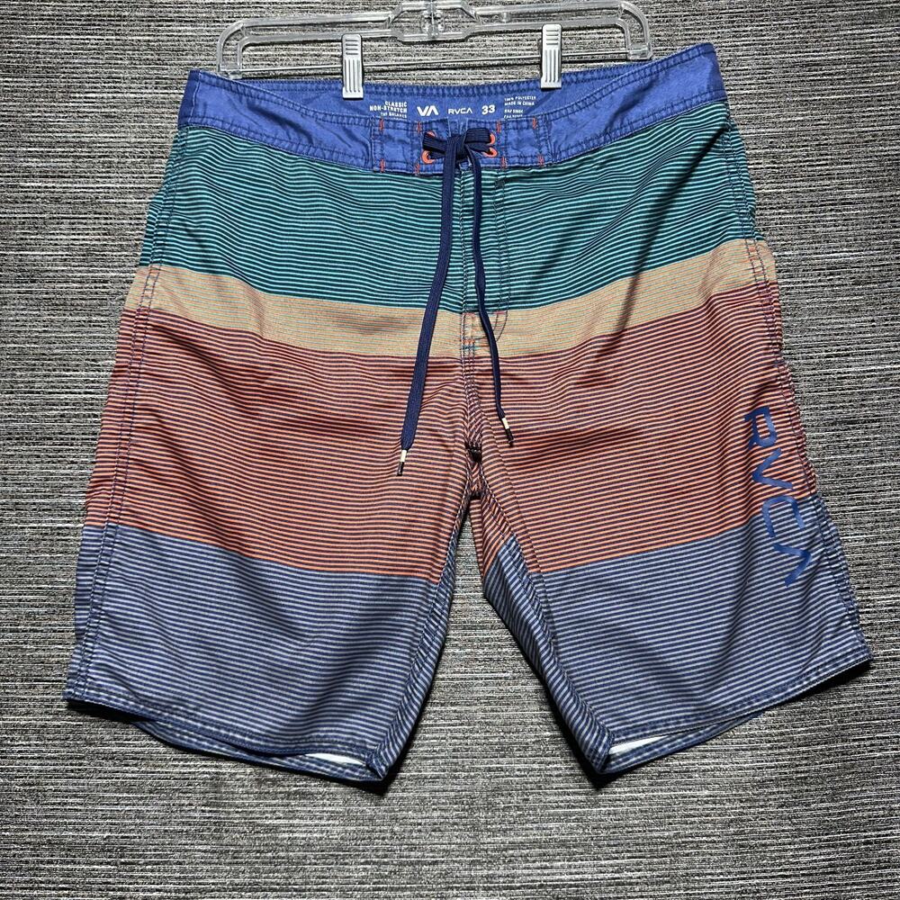 RVCA Board Shorts Men's Size 33 Blue Striped Classic Non-Stretch Quick Dry Surf